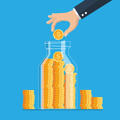 Hand coins putting in glass jar. business saving money for finance concept. vector illustration in flat style modern design.