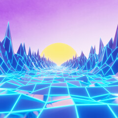  Synthwave style Futuristic digital render in cyber landscape with big low sun. 3D Rendering