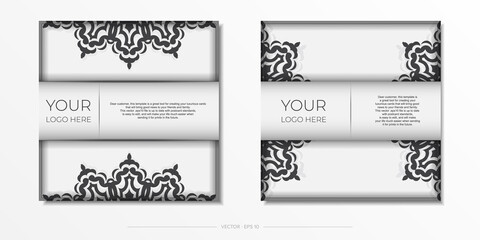 White postcard template with black patterns. Print-ready invitation design