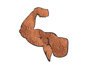 Muscular man showing biceps on white background, closeup. Silhouette of hand made with amino acids powder