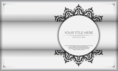 White banner with black ornaments and place for your text. Invitation card design with mandala patterns.