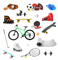 Naklejka premium Set with different sports equipment on white background. Active lifestyle