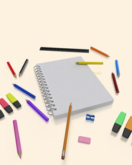 Colorful crayons, pencil, eraser with notebook on white background as an idea for a back to school banner.