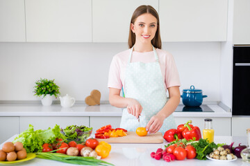 Obraz na płótnie Canvas Portrait of attractive cheerful girl cutting tomato cooking fresh meal organic bio product at home light white kitchen indoors
