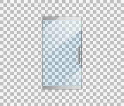 Glass door. Glass entrance in office. Door with handle for store. Doorway of shop in front view. Window of mall. Mockup of clear, closed exterior isolated on transparent background. Vector
