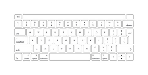 Keyboard of computer, laptop. Modern key buttons for pc. White keyboard isolated on white background. Icons of control, enter, qwerty, alphabet, numbers, shift, escape. Realistic mockup. Vector