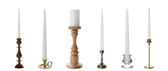 Set with different stylish candlesticks on white background, banner design