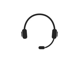 Headphone with microphone. Icon of headset for call center, support of customer. Online callcenter, service 24 7. Silhouette of earphone for listen and talk. Logo of operator and hotline. Vector