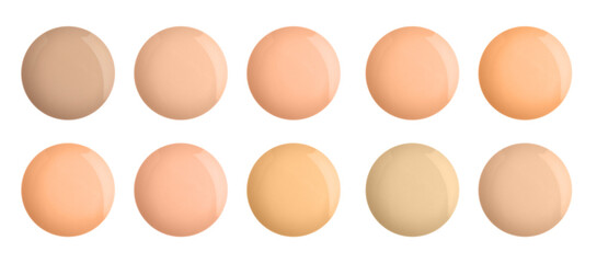 Set with different shades of liquid skin foundation on white background, top view. Banner design