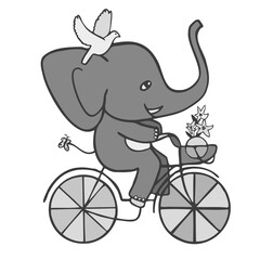 Isolated vector illustration black and white design of a cute cycling elephant on bicycle 