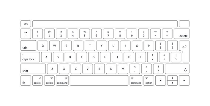 Keyboard of computer, laptop. Modern key buttons for pc. White keyboard isolated on white background. Icons of control, enter, qwerty, alphabet, numbers, shift, escape. Realistic mockup. Vector