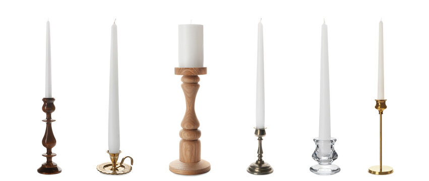 Set with different stylish candlesticks on white background, banner design