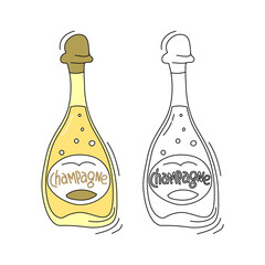 Champagne bottle on white background. Two kinds beverage. Cartoon sketch graphic design. Doodle style with black contour line. Colored hand drawn object. Party drinks concept. Freehand drawing style