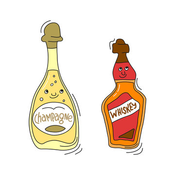 champagne and whiskey with smile on white background. Cartoon sketch graphic design. Doodle style with black contour line. Cute hand drawn bottle. Party drinks concept. Freehand drawing style