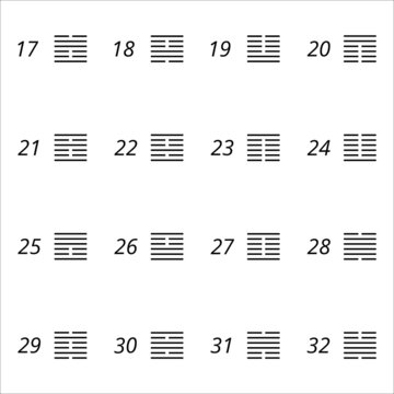 I ching hexagrams set from book of changes, 17-32 human design gates. For presentation, educational materials. Vector  illustration