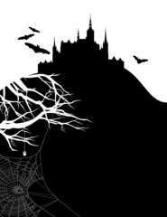 mysterious medieval vampire castle silhouette - halloween theme black and white vector copy space background with monster bats, spider web and creepy skyline