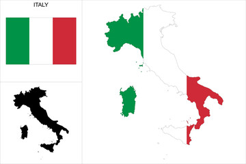 Carte d'Italie avec fond drapeau italien - Carte sous forme de motif noir et drapeau italien disponibles séparément