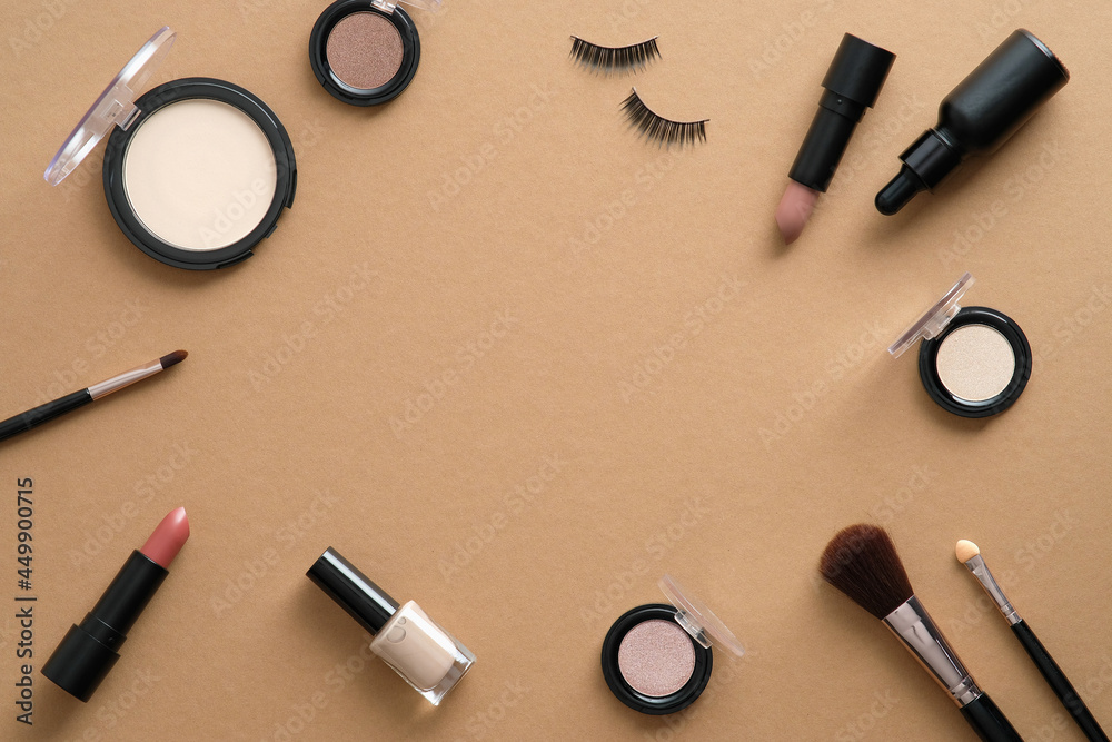 Wall mural fashion makeup cosmetic accessories on brown background. flat lay, top view, copy space.