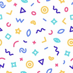 Memphis style seamless pattern. Abstract vector illustration with geometric elements, shapes on white background