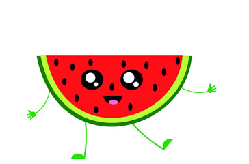 Personagem melancia feliz , ilustração em vetor isolado com fundo branco elementos vermelho, verde e preto .