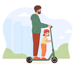 Young active man rides a scooter with a child. Father spends time with daughter. Alternative modern eco urban transport, healthy lifestyle. Flat vector illustration isolated on white background 