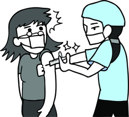 コロナワクチンを打つ女性　モノクロ　注射を打たれる女性　白黒画像