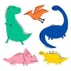 Hand drawn dinosaurs. Dino vector set in cartoon scandinavian style. T Rex, Diplodocus, Pterodactyl, Stegosaurus, Triceratops. Cute baby animals. Vector flat style illustration.