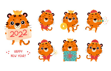 Set of cute cartoon tigers in traditional chinese costume. New year tigers with various festive attributes. Chinese new year 2022 symbol. Character design concept. Cartoon vector illustration.