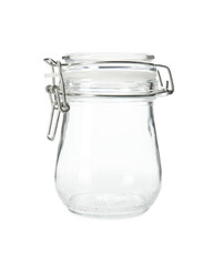 Empty glass jar isolated on white background. Kitchen utensil concept