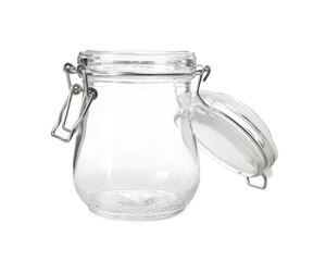 Empty glass jar isolated on white background. Kitchen utensil concept
