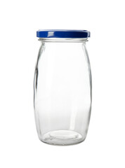 Empty glass jar isolated on white background. Kitchen utensil concept