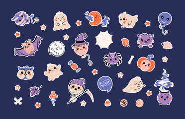 Halloween Patches Vector Set. Stickers with Cute Kawaii halloween Characters: Ghosts, Balloons, Animals, Pumpkin, Skull etc. Fun Collection for Kids