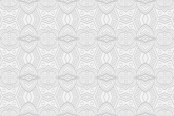 3d volumetric convex embossed geometric white background. Handmade pattern. Ethnic oriental, Asian, Indonesian ornament, unique arabesque for design and decoration.