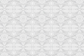 3d volumetric convex embossed geometric white background. Handmade pattern. Ethnic oriental, Asian, Indonesian ornament, graceful arabesque for design and decoration.