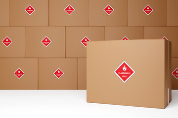 Transportation of dangerous goods and hazardous materials. Cardboard boxes labeled "Flammable Gas" on a white background. 3d rendering