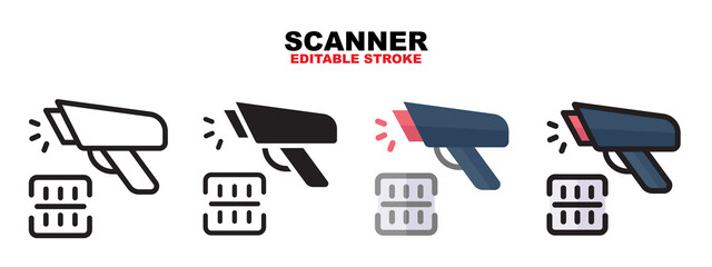 Outline, glyph black, flat color and filled line color, icon symbol set, scanner concept, Isolated vector design, editable stroke