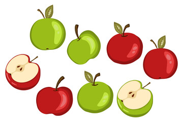 Apple icon set isolated on white background. Natural delicious ripe tasty fruit. Template vector illustration for packaging, banner. Stylized green, red apples with leaves, apple slice. Food concept