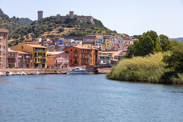 picturesque village of Bosa with its multicolored houses along the mouth of the river Temo. Bosa,...
