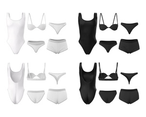 Underwear, closed sports swimsuit, open swimsuit, bra, panties. 3d realistic set of black and white mock up, front and back view isolated on white background.