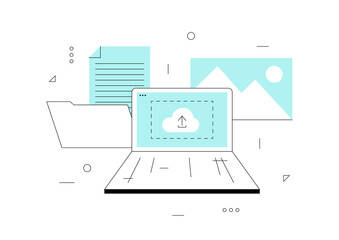 Concept upload illustration for web page. Cloud upload icon on computer screen. Vector illustration in line art style for websites, landing pages, mobile applications, posters, banners.