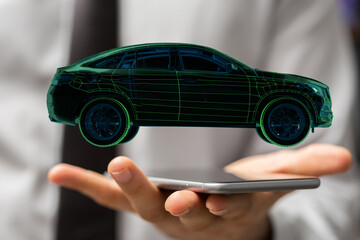 Hologram auto, futuristic polygonal model auto.