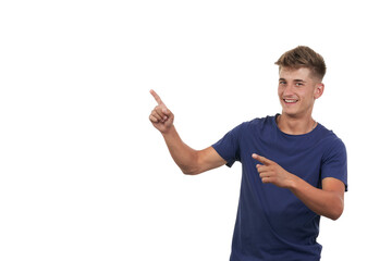Portrait man in blue t-shirt isolated, pointing up with pure white background