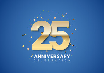 25 anniversary background with golden numbers, confetti, stars on bright blue background. Vector Illustratio - obrazy, fototapety, plakaty