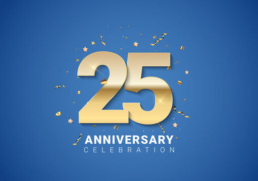 25 anniversary background with golden numbers, confetti, stars on bright blue background. Vector Illustratio