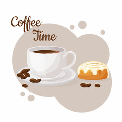 Cup of coffee and Cinnamon roll. Coffee time concept. Isolated hand drawn vector illustration of cute breakfast food. 