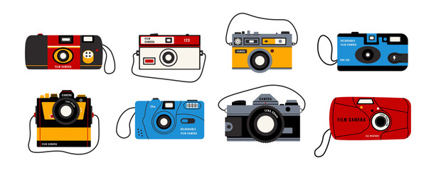 Retro camera. Professional film photography DSLR hardware, vintage photographer kit with camera bodies and lenses. Vector doodle set