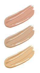 Liquid cosmetic foundation set, concealer smear smudge. Collection different tones bb cream swatch...