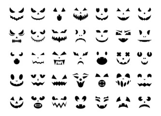 Jack face. Autumn Halloween celebration creepy monster faces with scary emotions. Vector isolated set