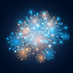 Festive fireworks with brightly shining sparks. Colorful firecrackers and celebration lights in night sky. Happy new year sparkle. Realistic fireworks celebration. vector background.