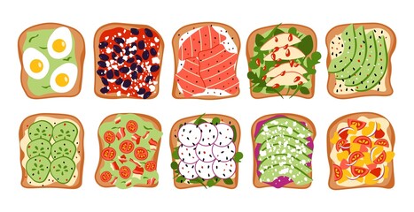 Sandwiches. Morning food with toasted bread vegetables and sauces, healthy food with avocado and salmon. Vector isolated set